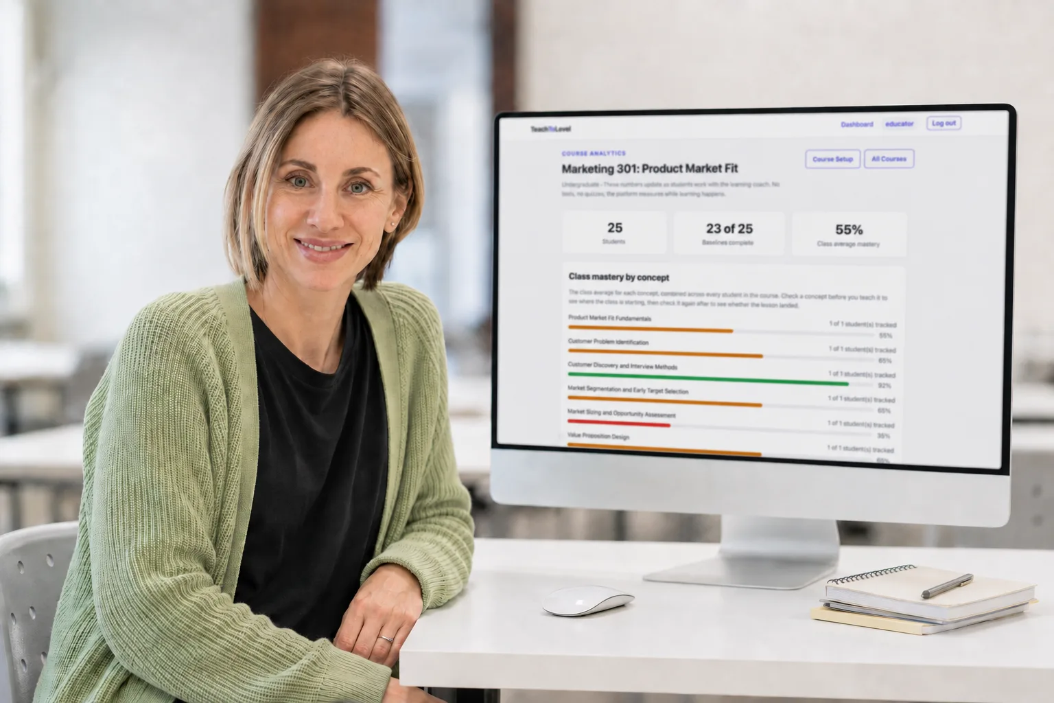 An educator reviewing class mastery analytics in TeachToLevel