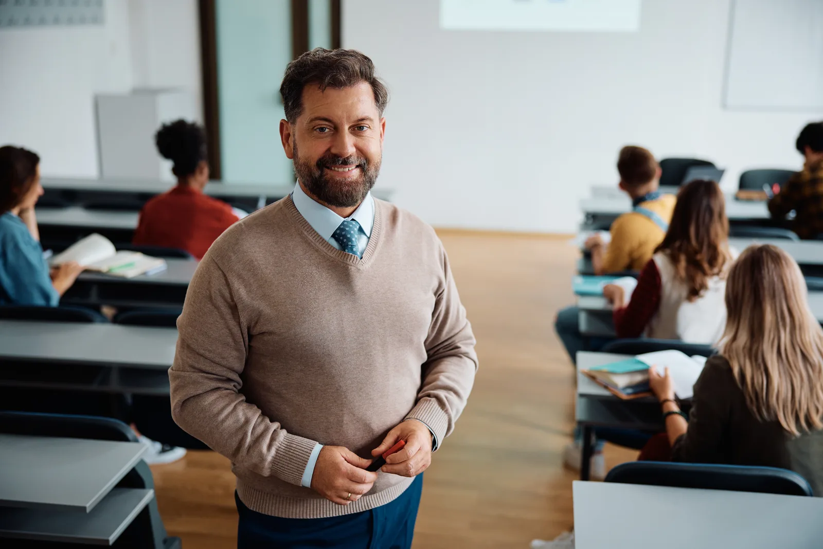 A happy university educator during a class